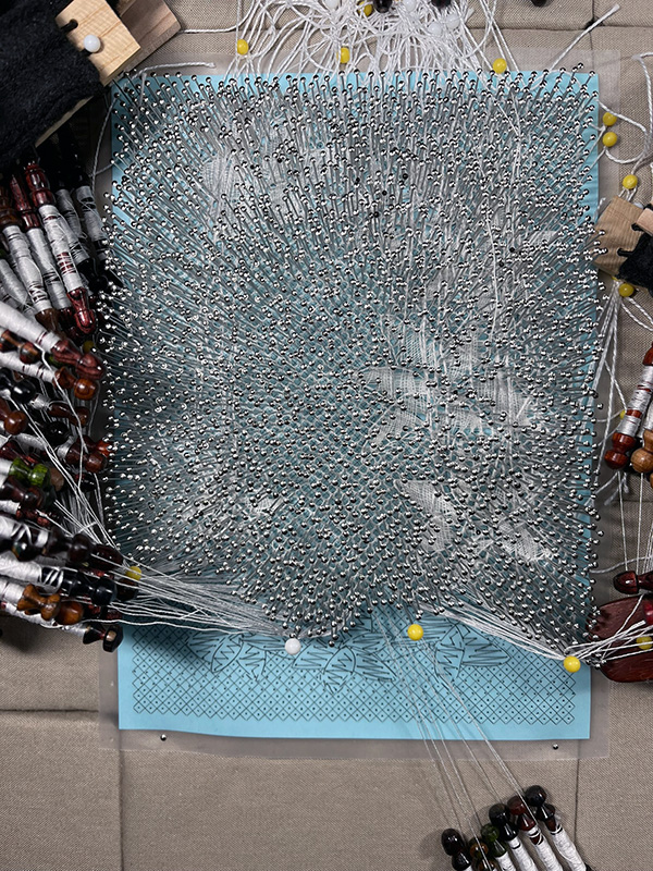 Disillusion Torchon lace covered with pins.