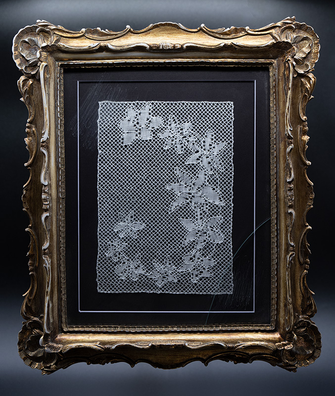 Disillusion bobbin lace in a scratched and damaged ornate frame.