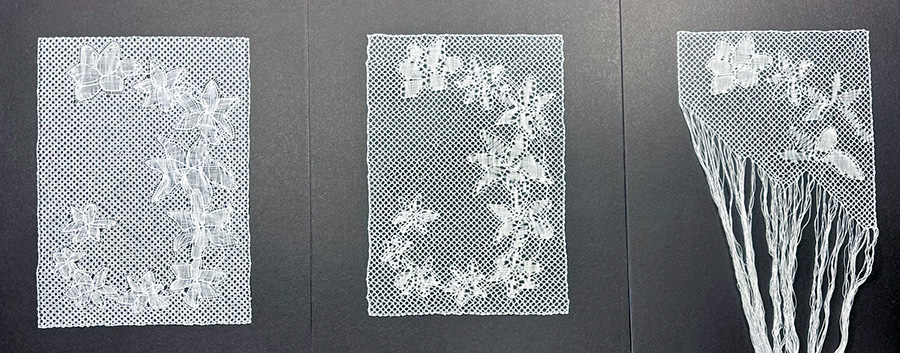 Utopia, Disillusion, and Reality bobbin lace pieces shown together.