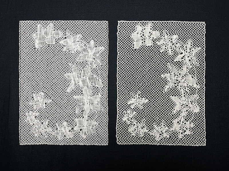 Utopia Flanders lace and Disillusion Torchon lace shown side by side.